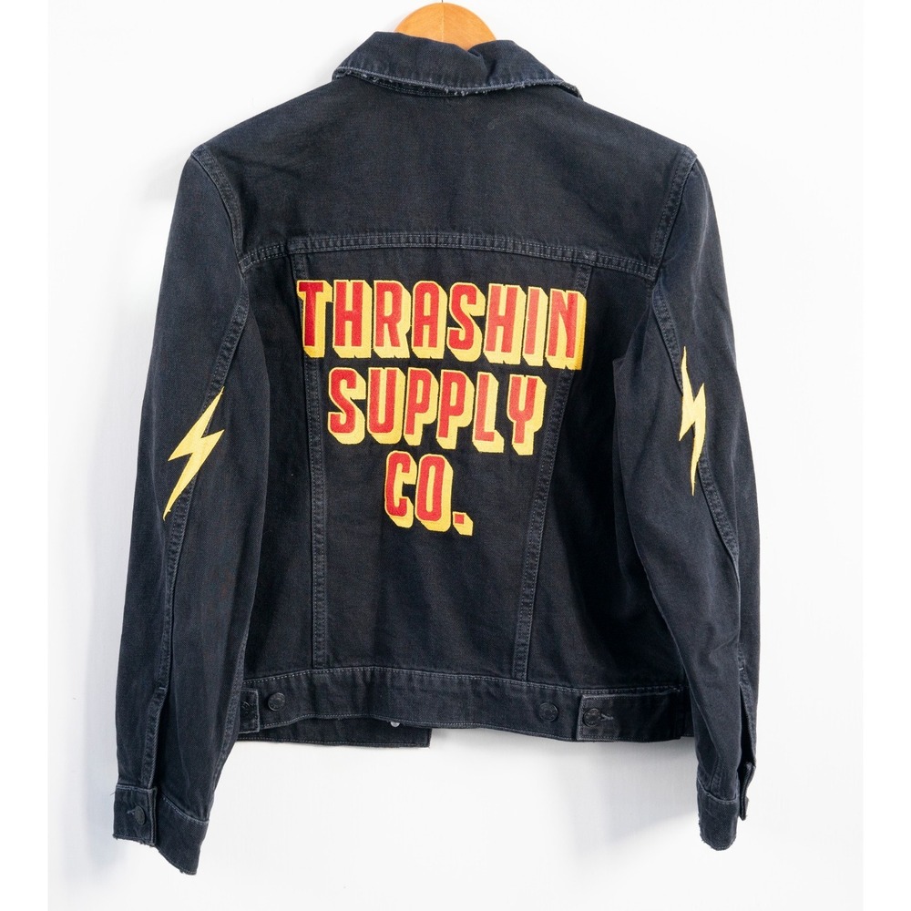 Custom Thrashin Supply Co. Embroidered Denim Jacket Black Womens Size Medium